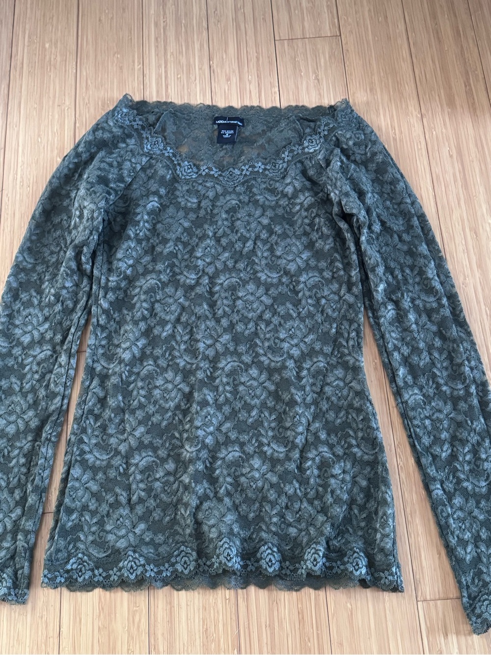 Olive Army Green Sheer Lace Long-Sleeve Top